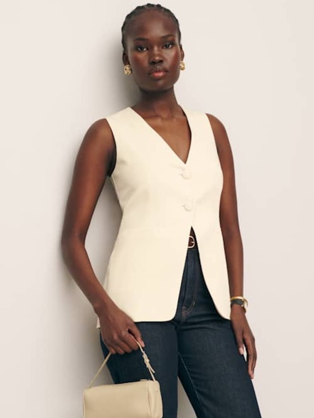NWT Reformation Casey Vest Off-white Cream Tailored Longline Button Waistcoat